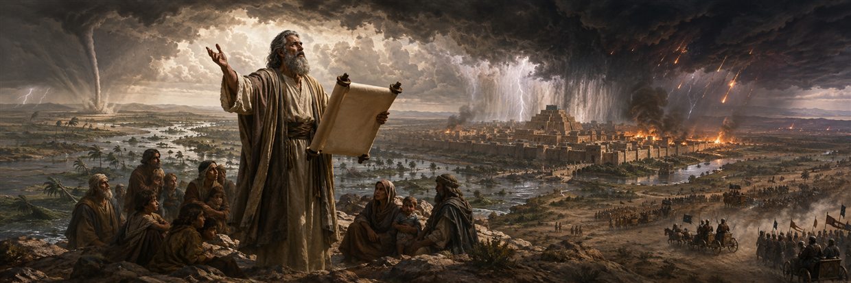 Ezra proclaims judgment while storms, armies, flooding, and fire converge upon ancient Babylon and the surrounding lands